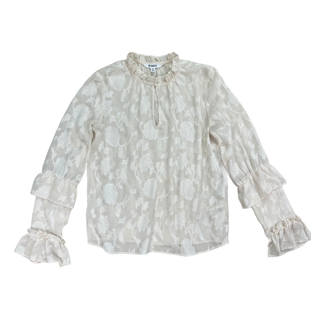 BB Dakota Womens Floral Burnout Blouse M Cream‎ Ruffle Ethereal Regency Coquette
